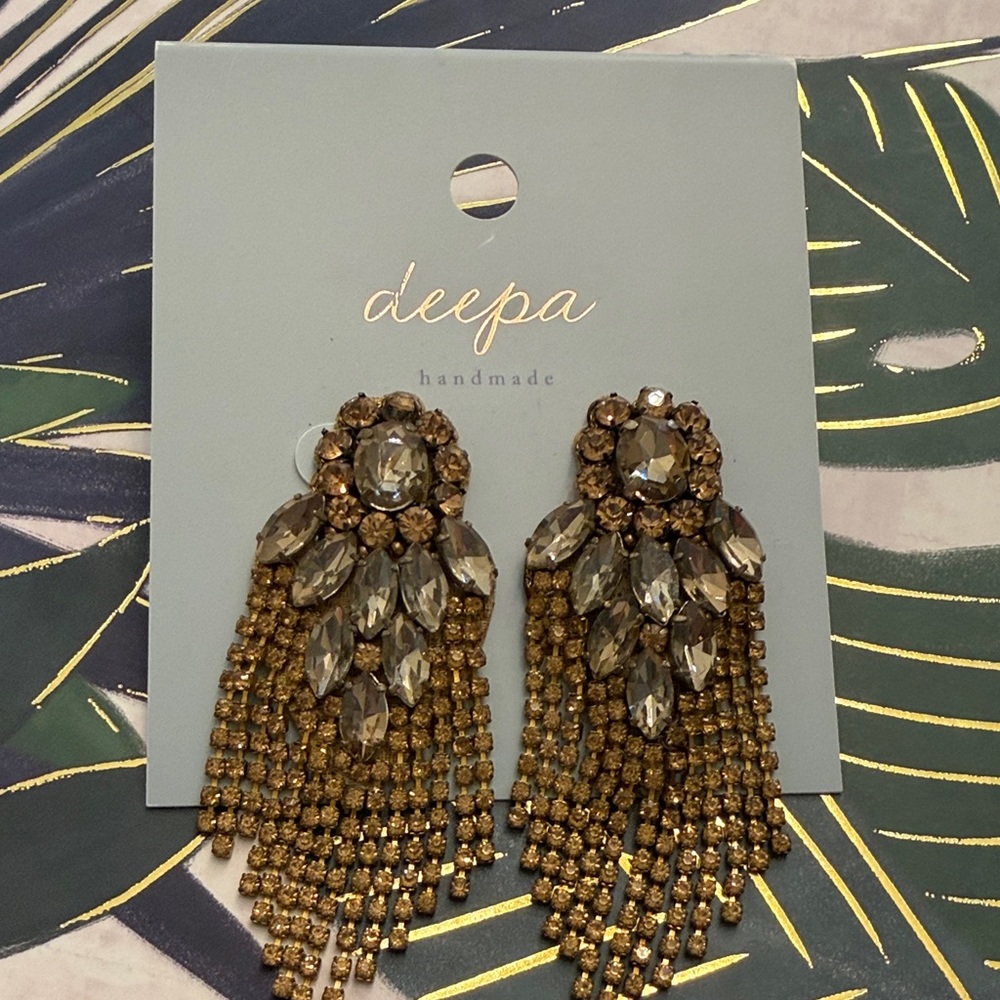 Deepa Gold Crystal Tassel Earrings — Smoky Gray Accents